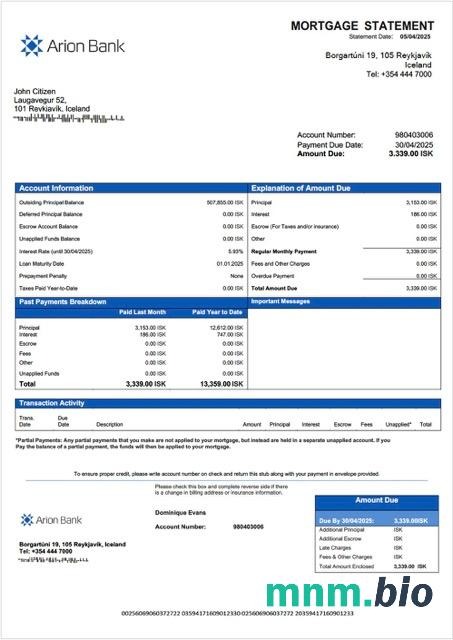 Islandia Bank Arion wyciąg z kredytu hipotecznego szablon Word i PDF